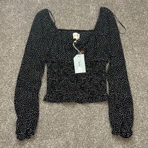 Black Polka Dot Square Neck Ruched Blouse